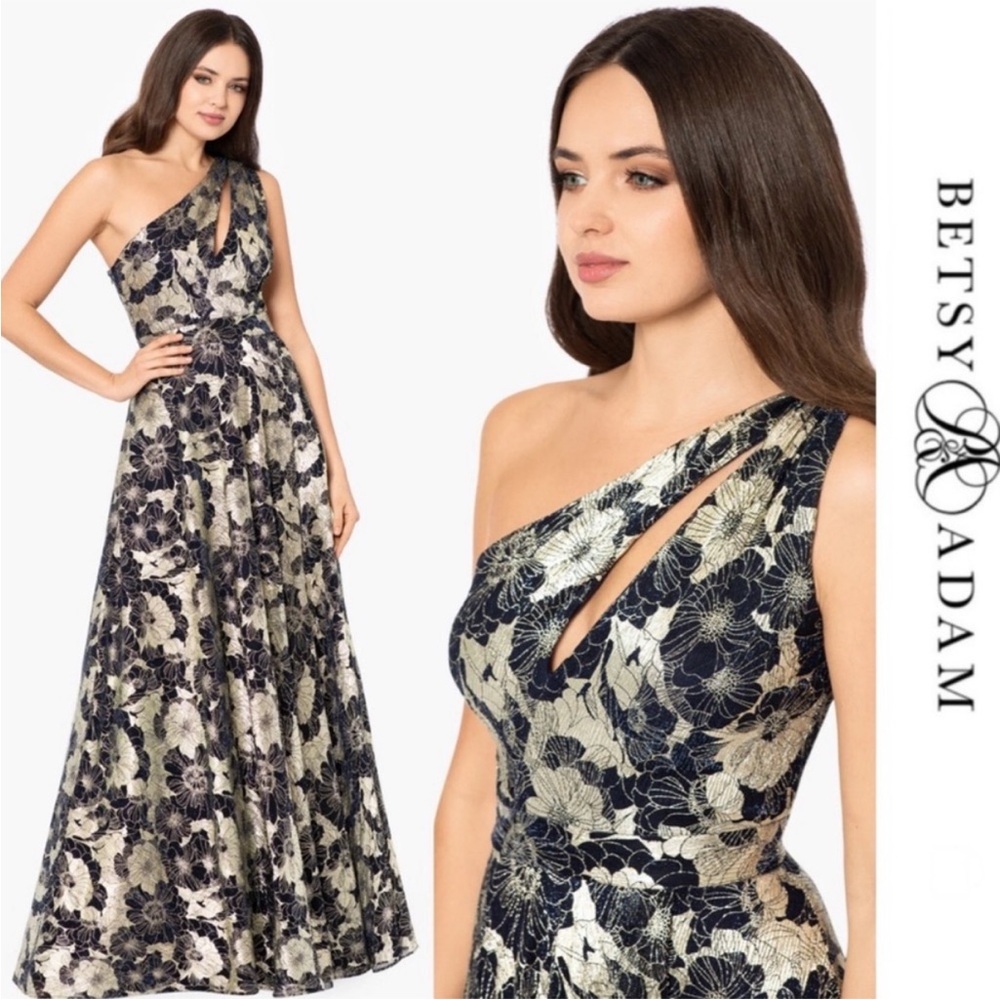 Betsy & Adam Gold and Navy One-Shoulder Dress